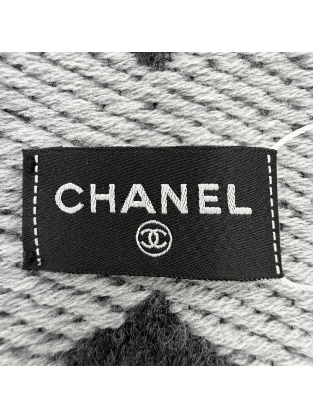 Chanel Wool Cashmere Blend CC Logo Scarf Shawl with Fringe Gray